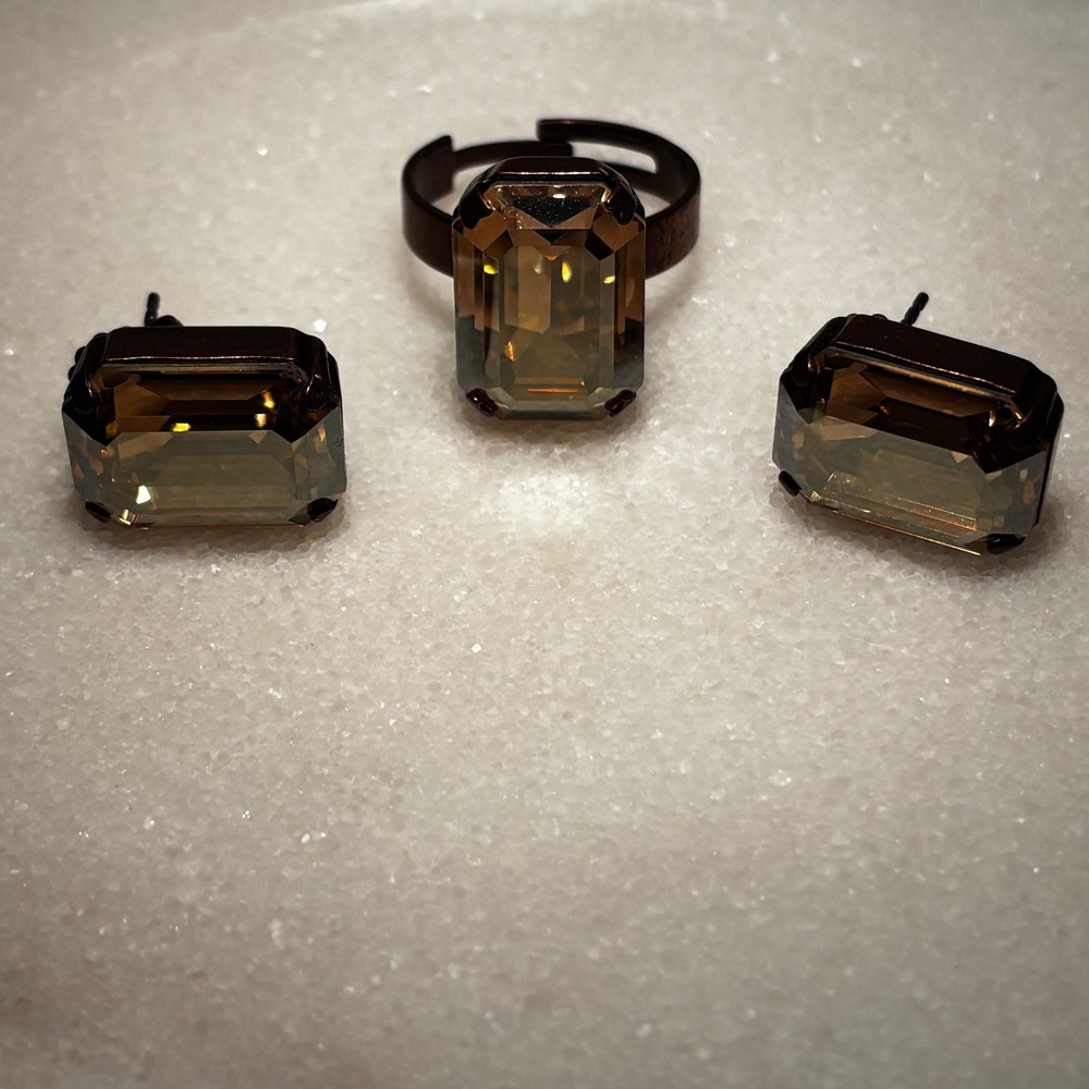 Sabika Set Smoky Brown Crystal ‎ Emerald Cut Adjustable Ring and Stud Earrings